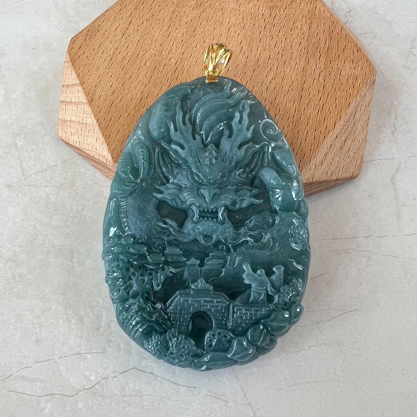 Dragon Landscape Jade Pendant, Very Large Jadeite Jade Hand Carved Dragon Pendant with 18K Solid Gold, CAN-0424-1729968031