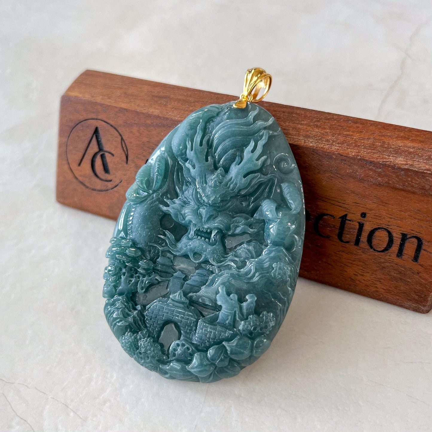 Dragon Landscape Jade Pendant, Very Large Jadeite Jade Hand Carved Dragon Pendant with 18K Solid Gold, CAN-0424-1729968031
