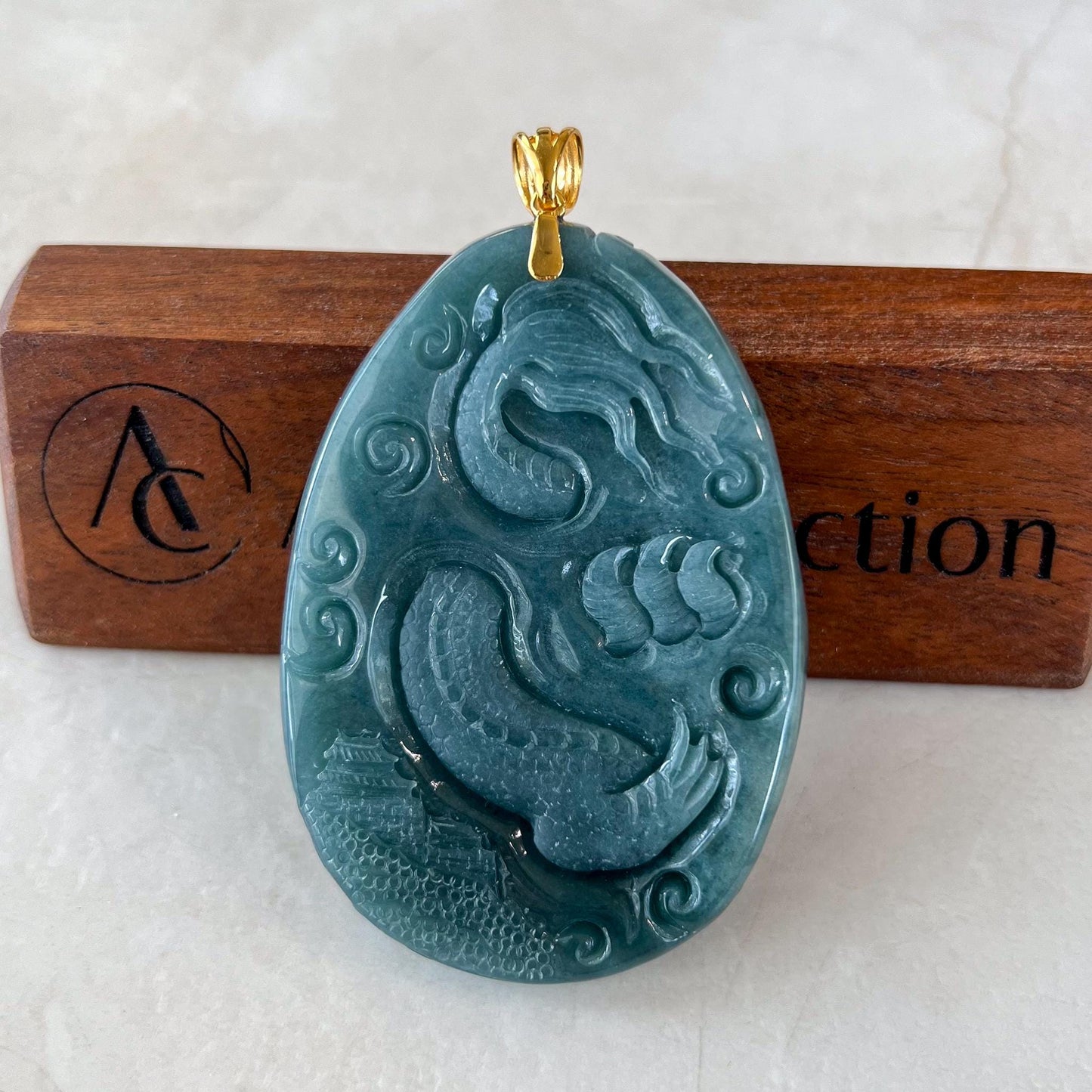 Dragon Landscape Jade Pendant, Very Large Jadeite Jade Hand Carved Dragon Pendant with 18K Solid Gold, CAN-0424-1729968031