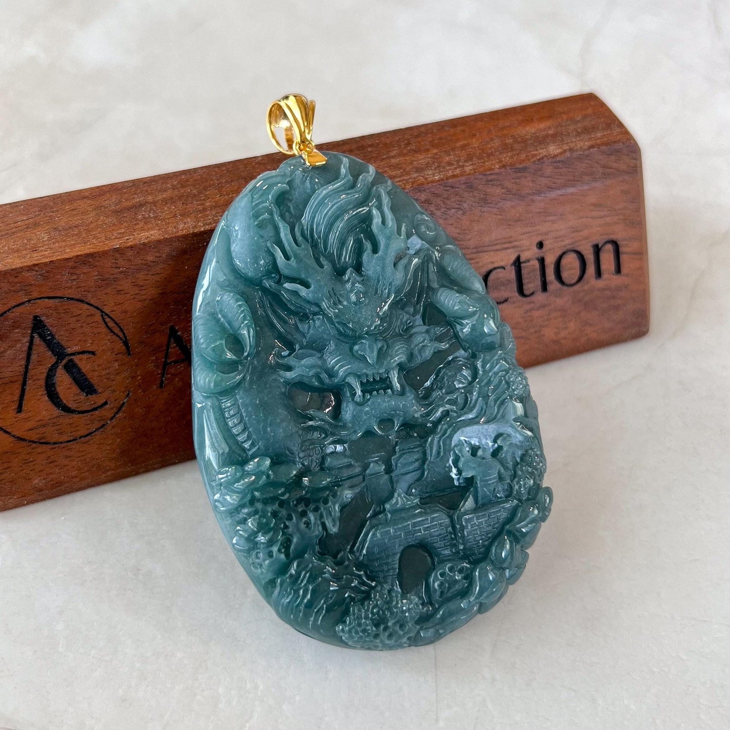 Dragon Landscape Jade Pendant, Very Large Jadeite Jade Hand Carved Dragon Pendant with 18K Solid Gold, CAN-0424-1729968031