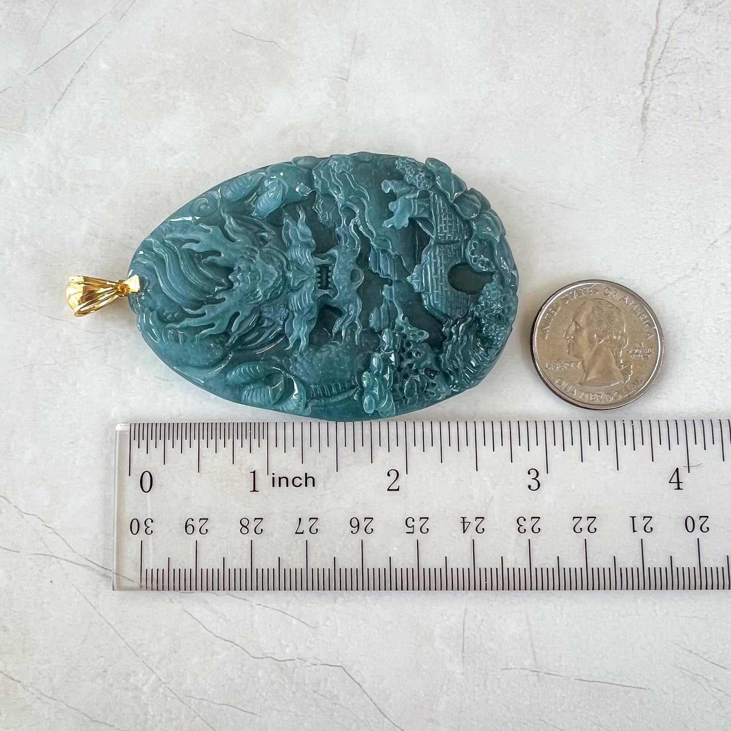 Dragon Landscape Jade Pendant, Very Large Jadeite Jade Hand Carved Dragon Pendant with 18K Solid Gold, CAN-0424-1729968031