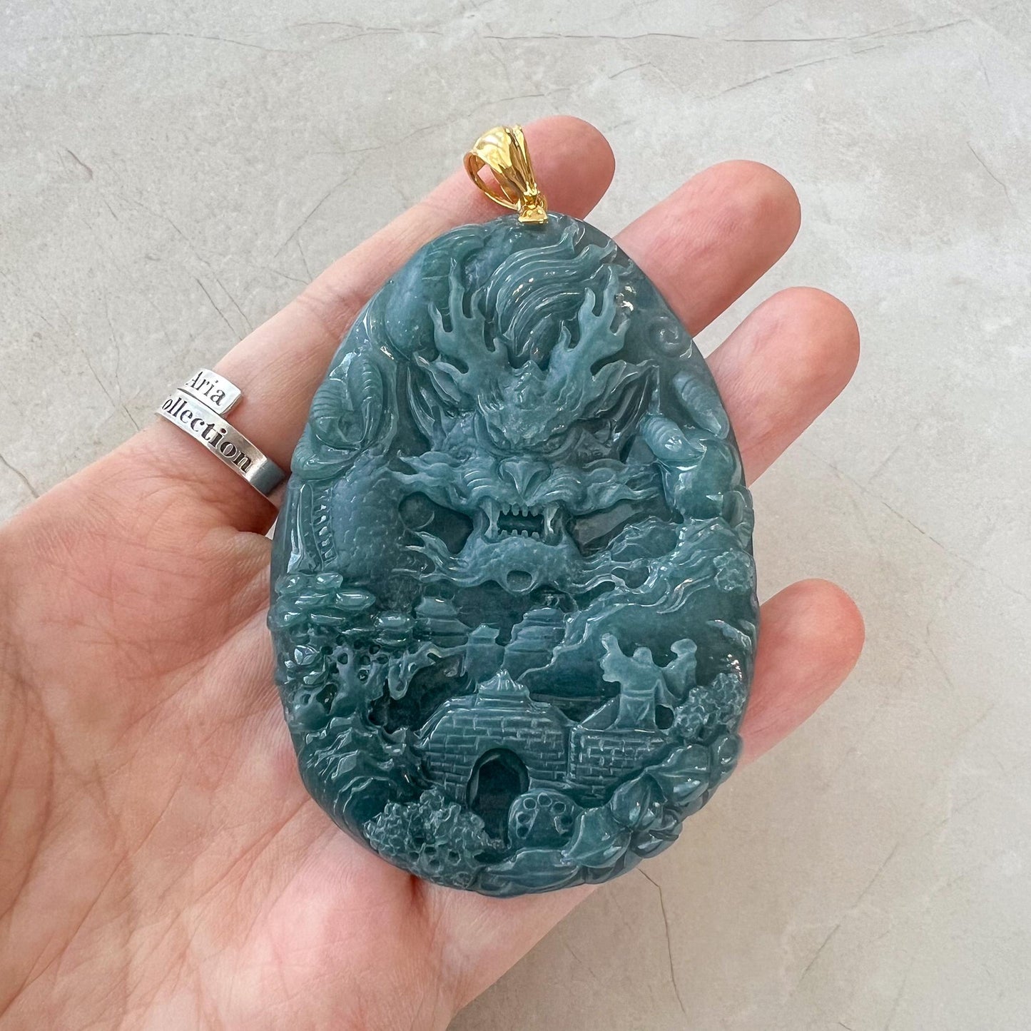 Dragon Landscape Jade Pendant, Very Large Jadeite Jade Hand Carved Dragon Pendant with 18K Solid Gold, CAN-0424-1729968031