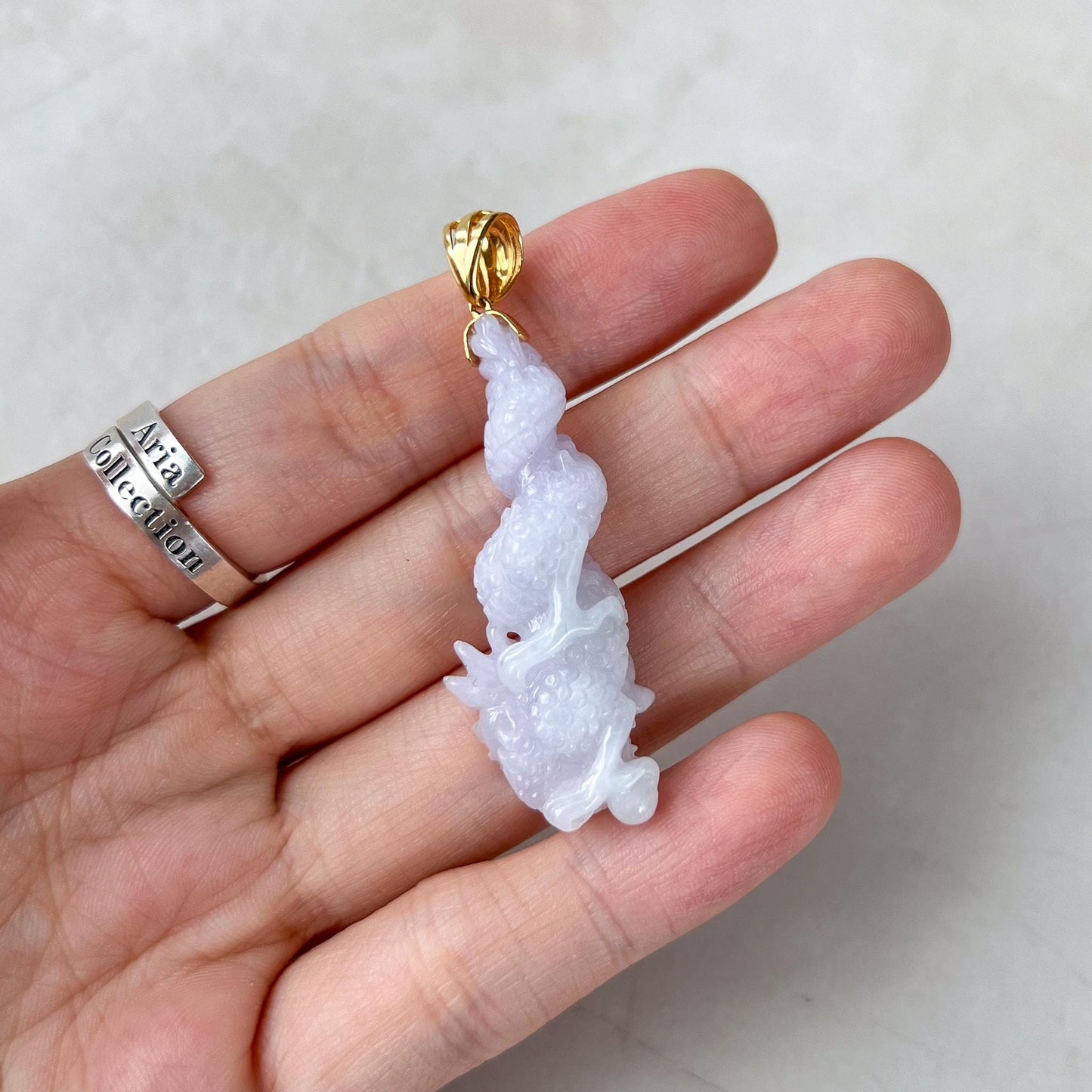 Dragon's Embrace Pendant with 18K Gold, Style 3, Light Purple Jadeite Jade Dragon Hand Carved Pendant, ROS-0424-1730440018