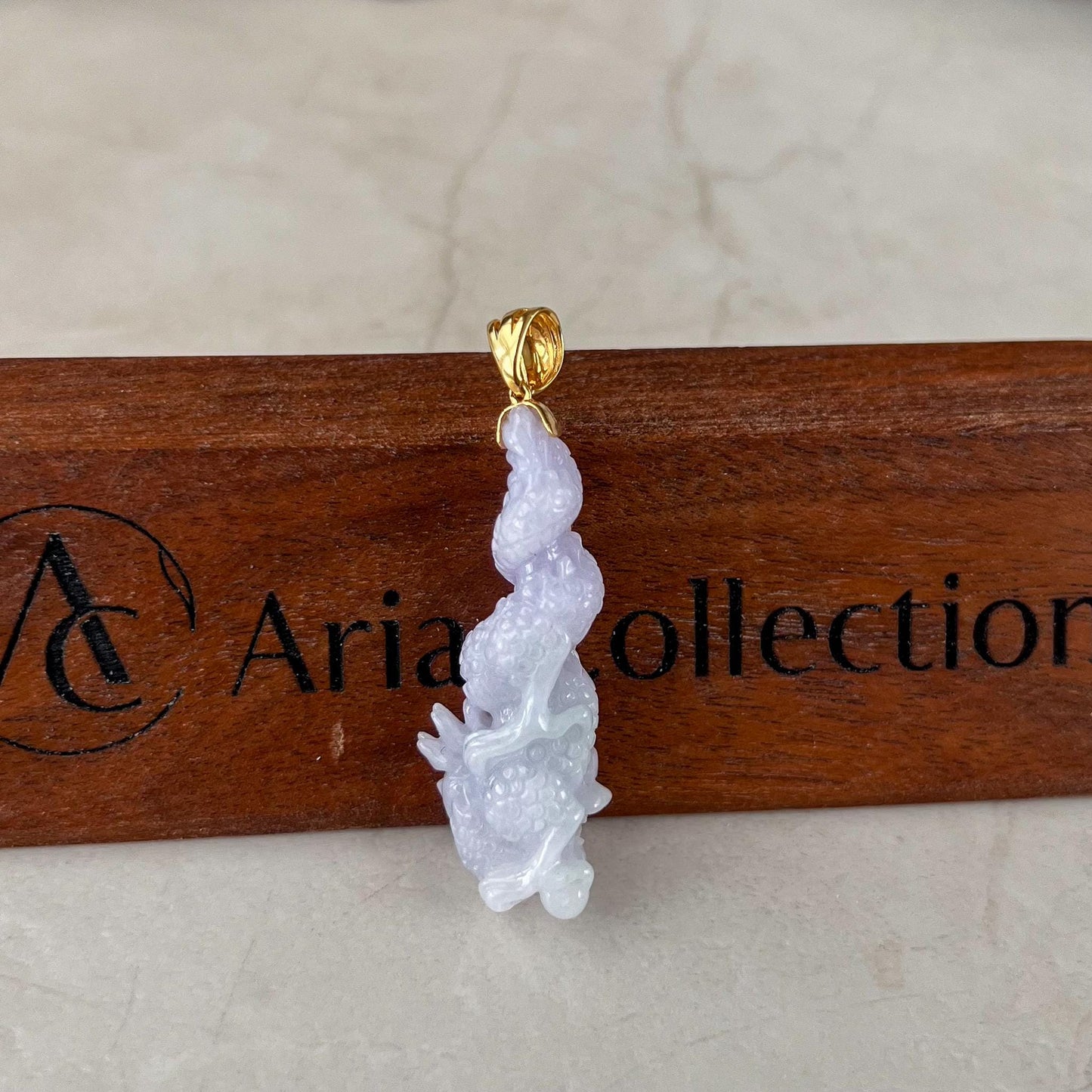 Dragon's Embrace Pendant with 18K Gold, Style 3, Light Purple Jadeite Jade Dragon Hand Carved Pendant, ROS-0424-1730440018