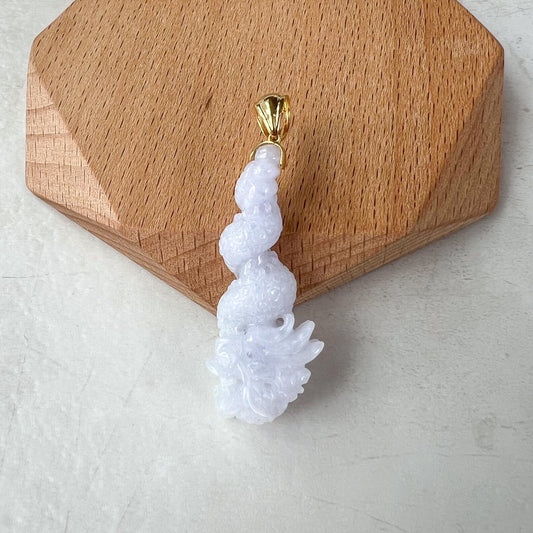 Dragon's Embrace Pendant with 18K Gold, Style 3, Light Purple Jadeite Jade Dragon Hand Carved Pendant, ROS-0424-1730440018