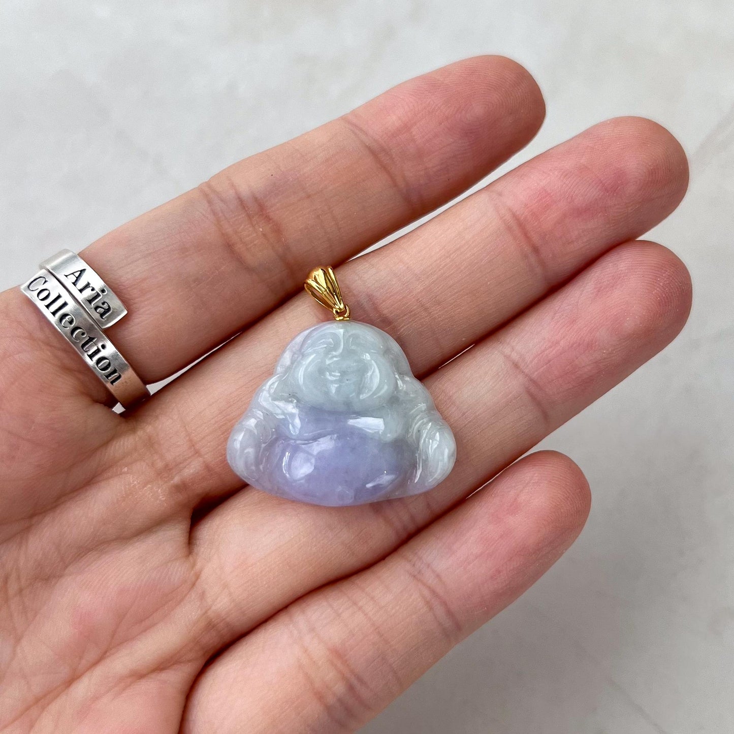 Small Purple Lavender Jadeite Jade Happy Buddha Carved Pendant with 18k Solid Gold Bail, YAR-0424-1731001585