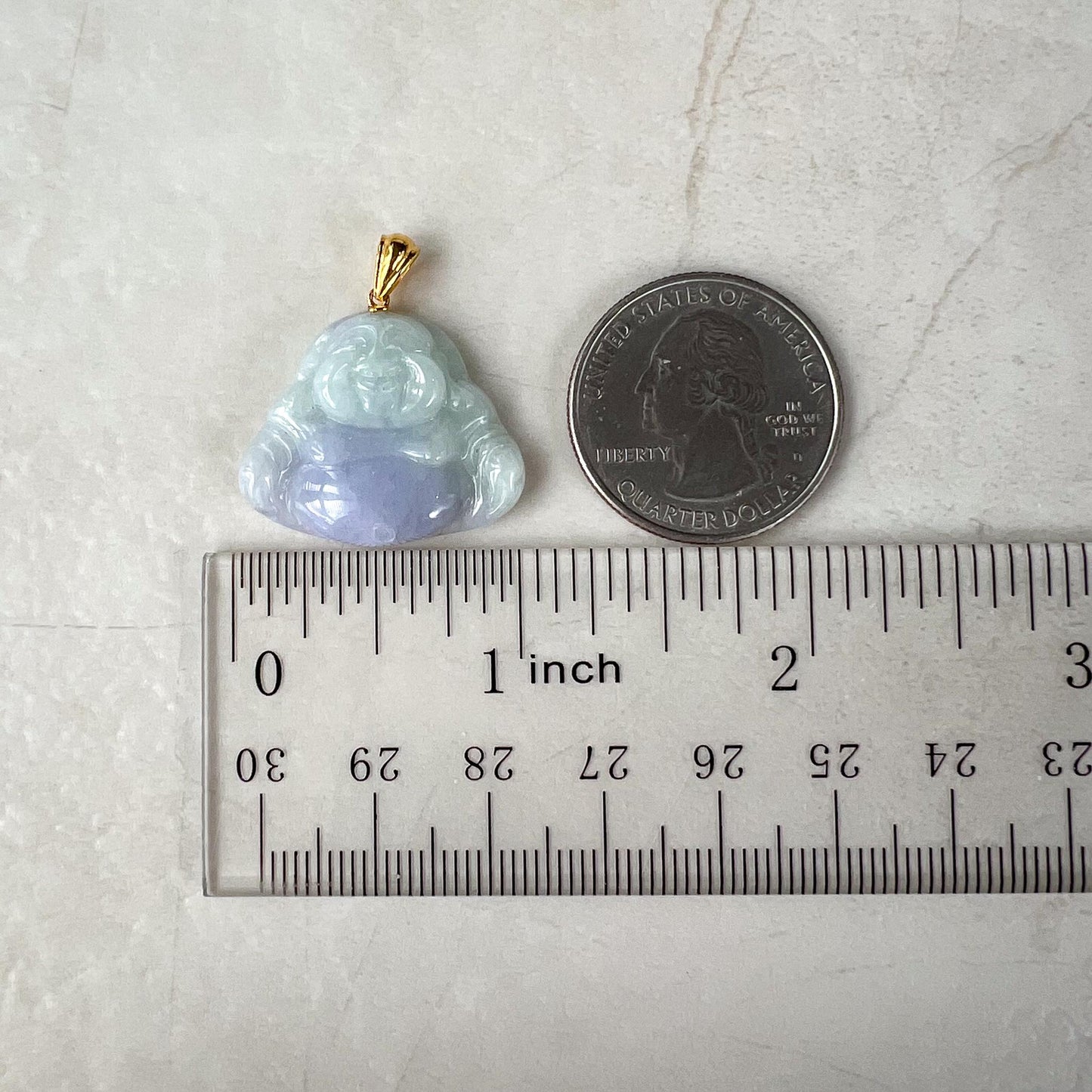 Small Purple Lavender Jadeite Jade Happy Buddha Carved Pendant with 18k Solid Gold Bail, YAR-0424-1731001585