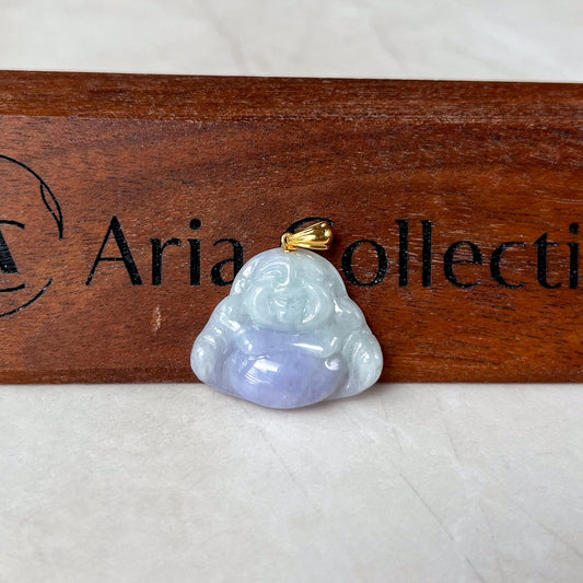 Small Purple Lavender Jadeite Jade Happy Buddha Carved Pendant with 18k Solid Gold Bail, YAR-0424-1731001585