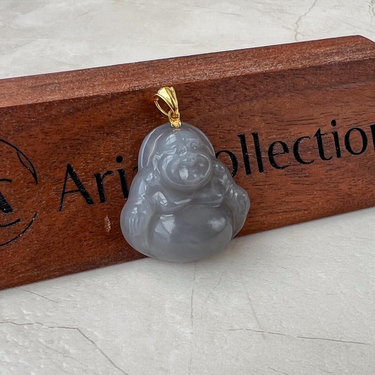 Smokey Purple Gray Nephrite Jade Happy Buddha with 18K Solid Gold Bail Pendant, HST-0424-1731111907