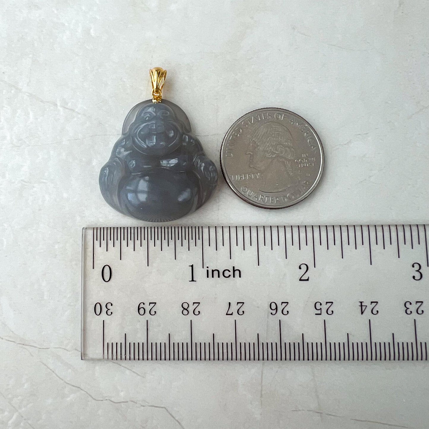 Smokey Purple Gray Nephrite Jade Happy Buddha with 18K Solid Gold Bail Pendant, HST-0424-1731111907