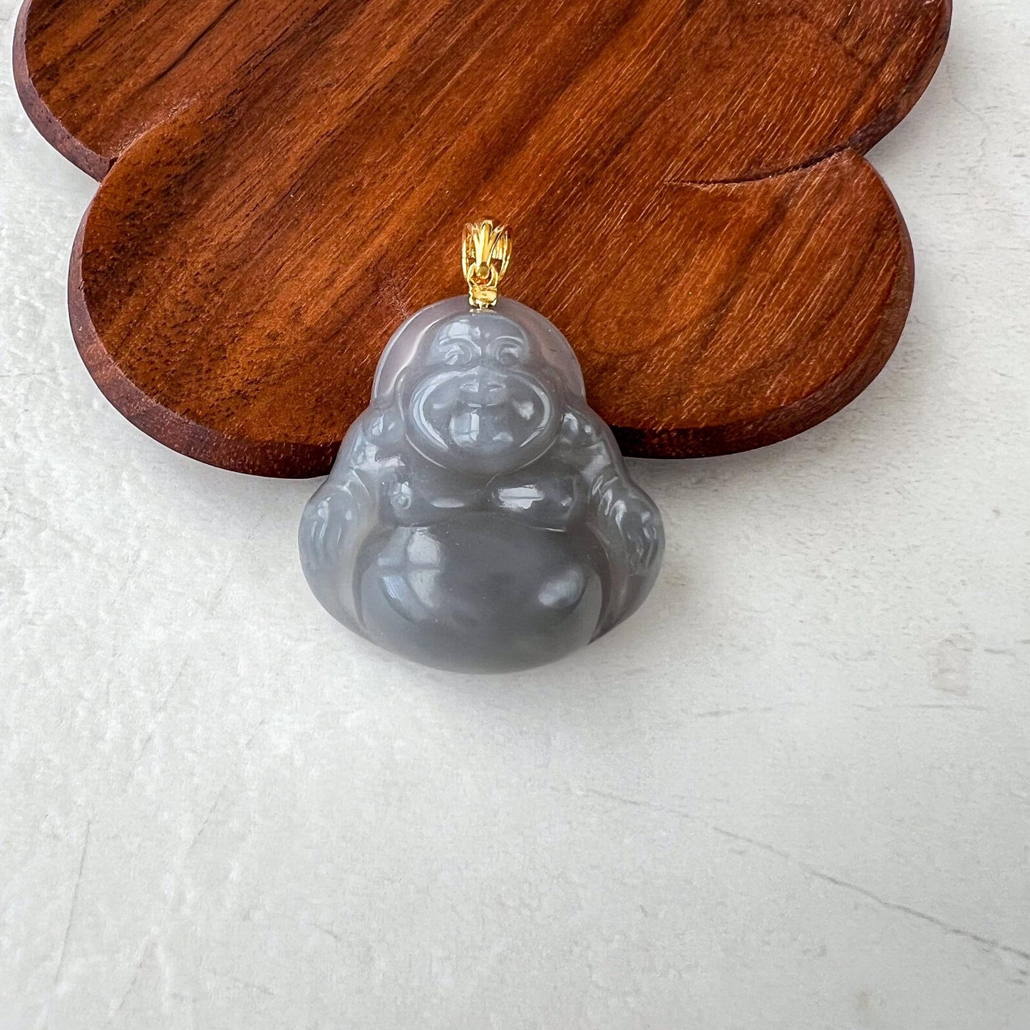 Smokey Purple Gray Nephrite Jade Happy Buddha with 18K Solid Gold Bail Pendant, HST-0424-1731111907