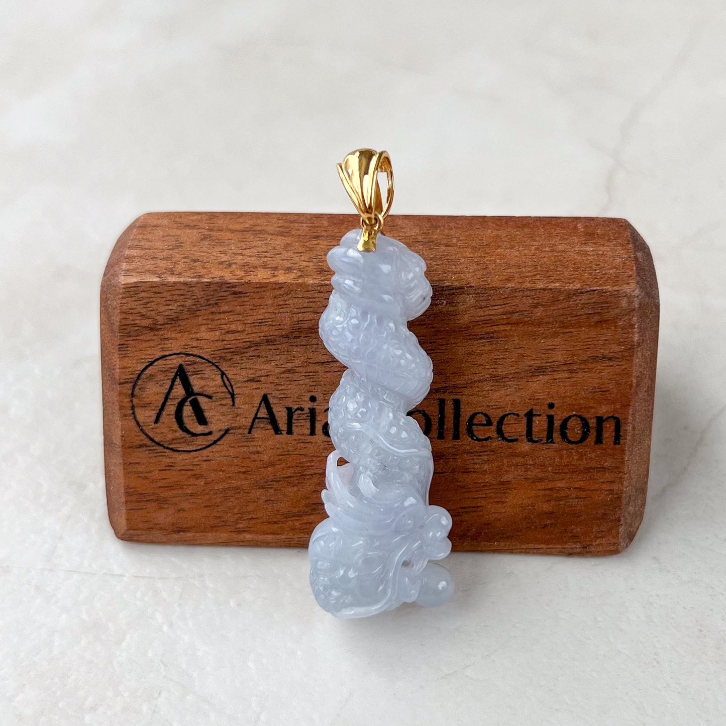 Dragon's Embrace Pendant with 18K Gold, Style 4, Light Purple Jadeite Jade Dragon Hand Carved Pendant, ROS-0424-1731123653