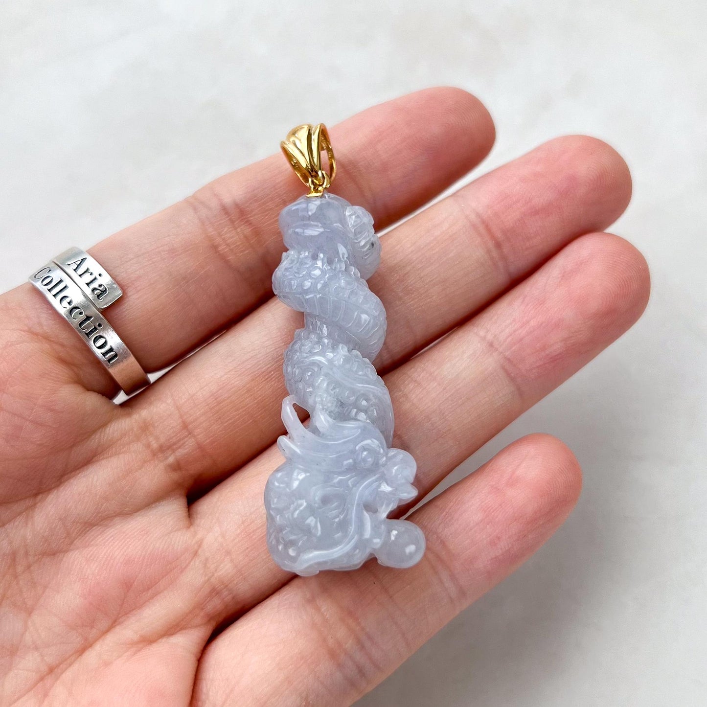 Dragon's Embrace Pendant with 18K Gold, Style 4, Light Purple Jadeite Jade Dragon Hand Carved Pendant, ROS-0424-1731123653