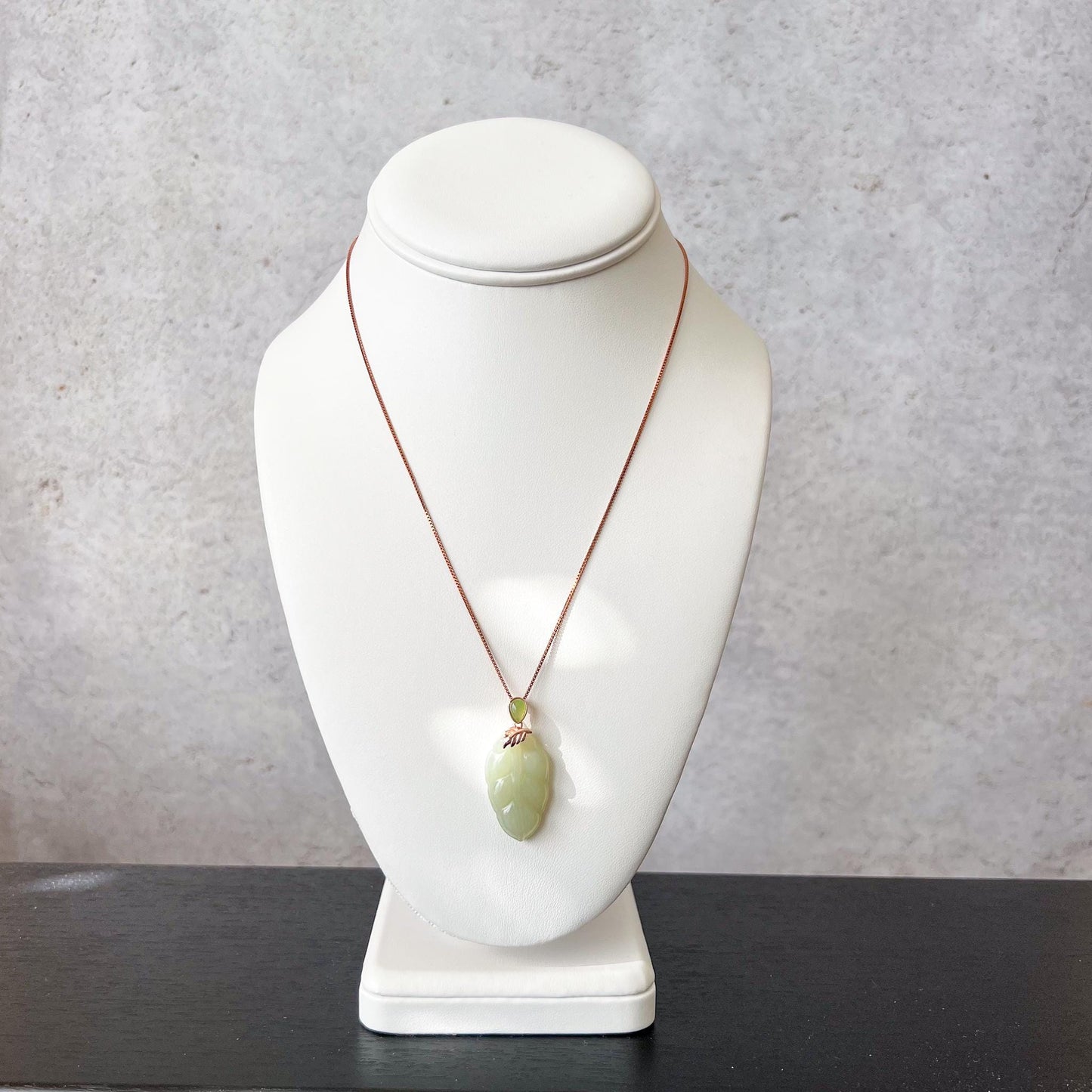 Jade Leaf Pendant, Light Green Yellow Jade Nephrite Jade, Rose Gold Plated Sterling Silver Necklace, XWZ-0722-HY38529634030