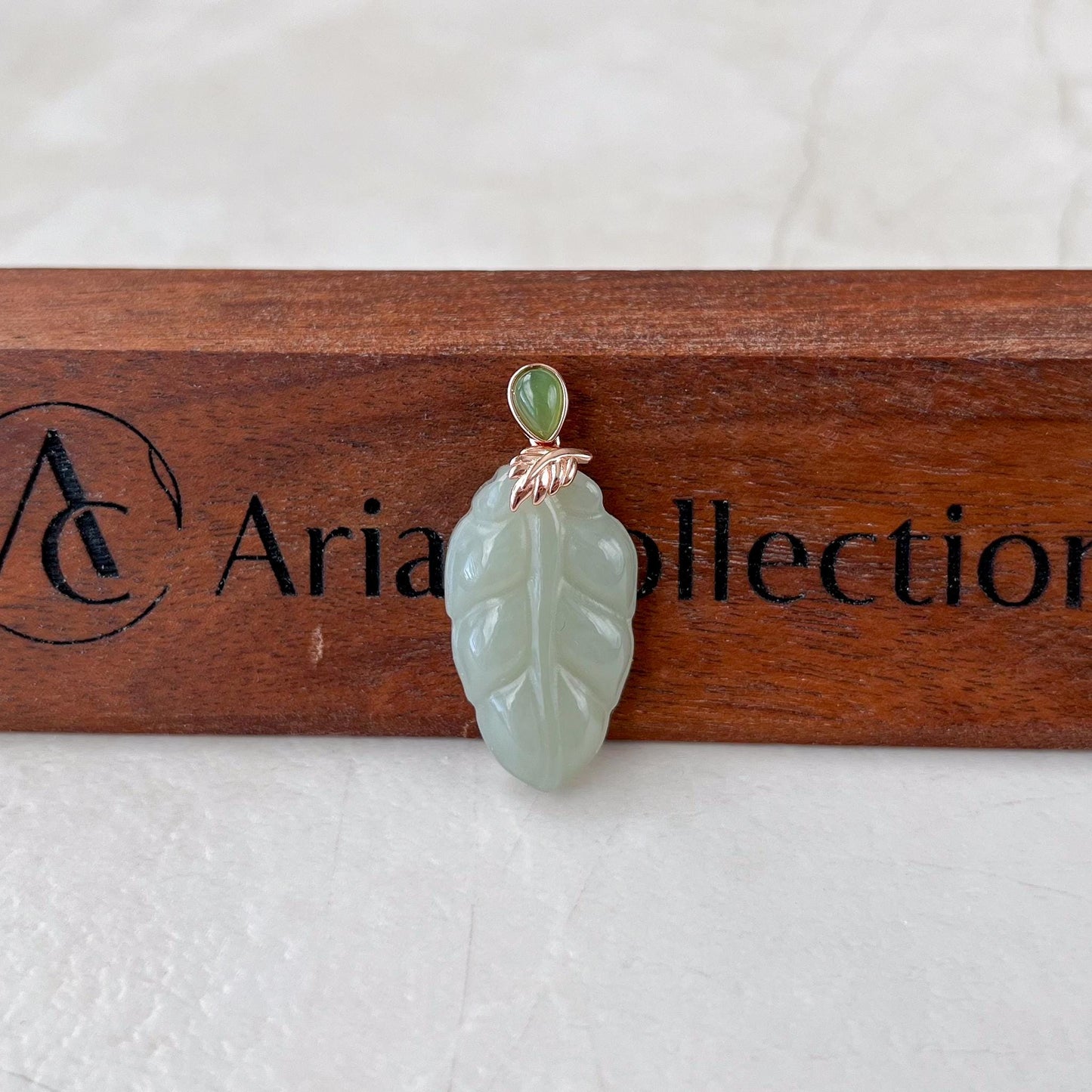Jade Leaf Pendant, Light Green Yellow Jade Nephrite Jade, Rose Gold Plated Sterling Silver Necklace, XWZ-0722-HY38529634030