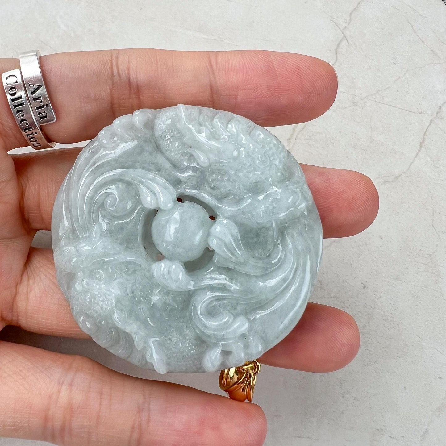 Twin Dragon Orb Jade Pendant, Light Green Gray Jadeite Jade Pendant with 18K Gold, YO-0424-1732858627
