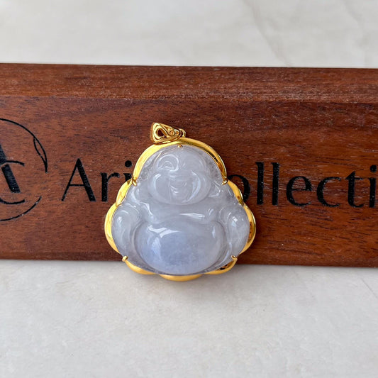 Lavender Happy Buddha Jade Pendant with 18k Solid Gold Frame, Translucent Light Purple Jadeite Jade Pendant, SHWQ-0424-1732831261