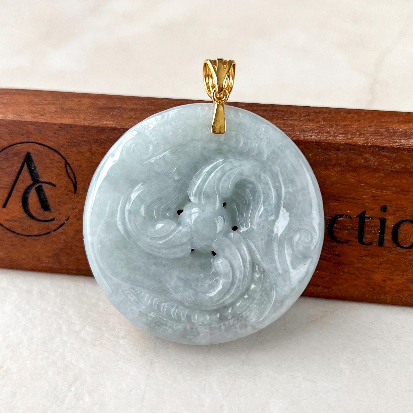 Twin Dragon Orb Jade Pendant, Light Green Gray Jadeite Jade Pendant with 18K Gold, YO-0424-1732858627