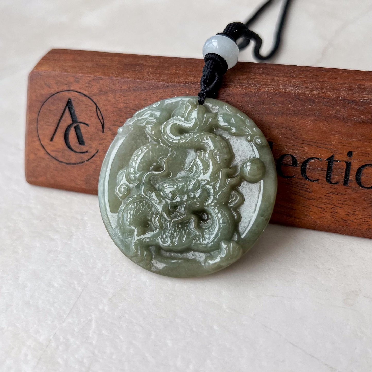 Green Jadeite Jade Dragon Chinese Zodiac Hand Carved Pendant Necklace, YJ-1022-0065393