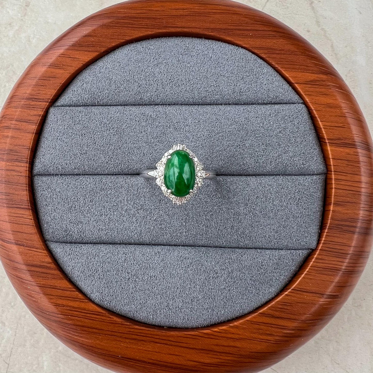 Green Jadeite Jade Halo Ring, 18K White Gold with natural diamonds, Size 5.50, SHWQ-0424-1732902490