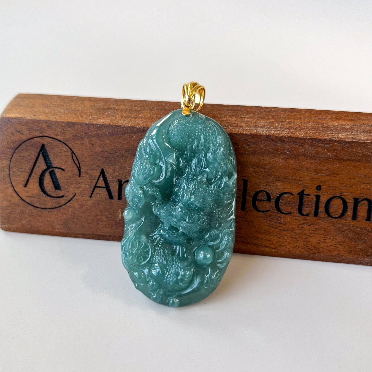Dragon's Fury Jade Pendant, Jadeite Jade Dragon Hand Carved Pendant with 18K Gold, ZF-0124-1735839418
