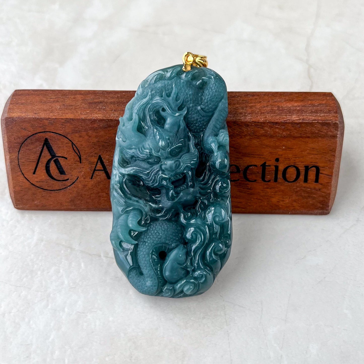 Stormborn Dragon Jade Pendant, Jadeite Jade Dragon Hand Carved Pendant with 18K Gold, SC-0224-1736634770