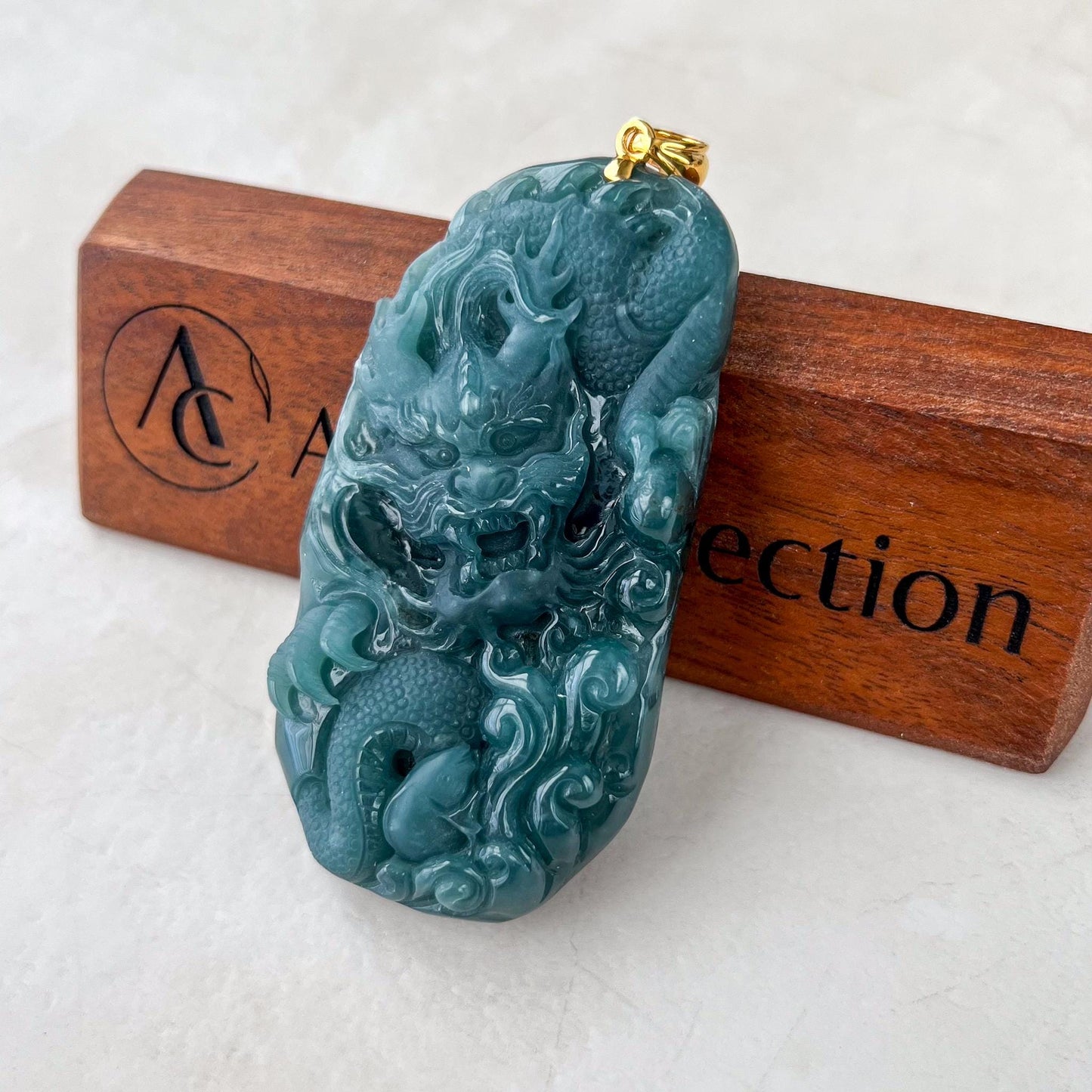 Stormborn Dragon Jade Pendant, Jadeite Jade Dragon Hand Carved Pendant with 18K Gold, SC-0224-1736634770