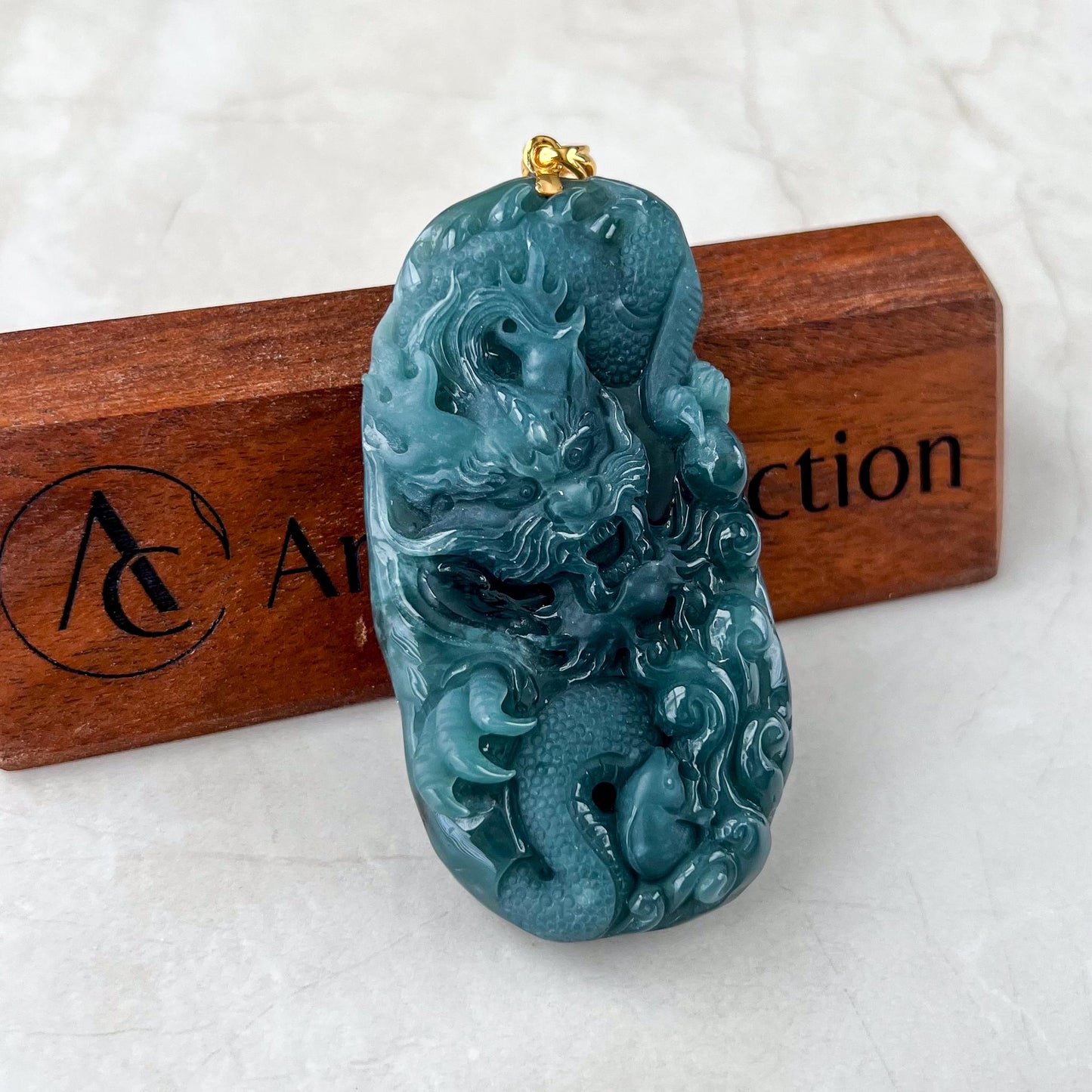 Stormborn Dragon Jade Pendant, Jadeite Jade Dragon Hand Carved Pendant with 18K Gold, SC-0224-1736634770