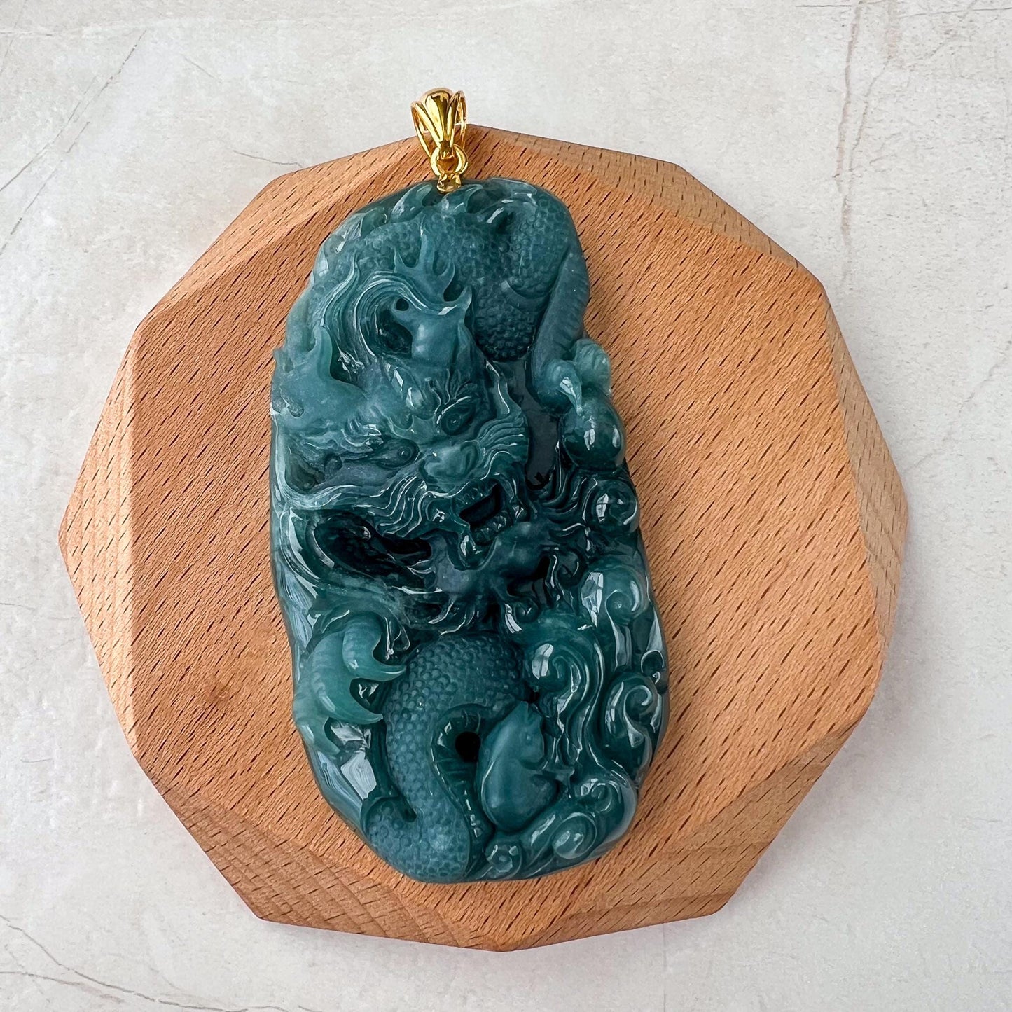 Stormborn Dragon Jade Pendant, Jadeite Jade Dragon Hand Carved Pendant with 18K Gold, SC-0224-1736634770