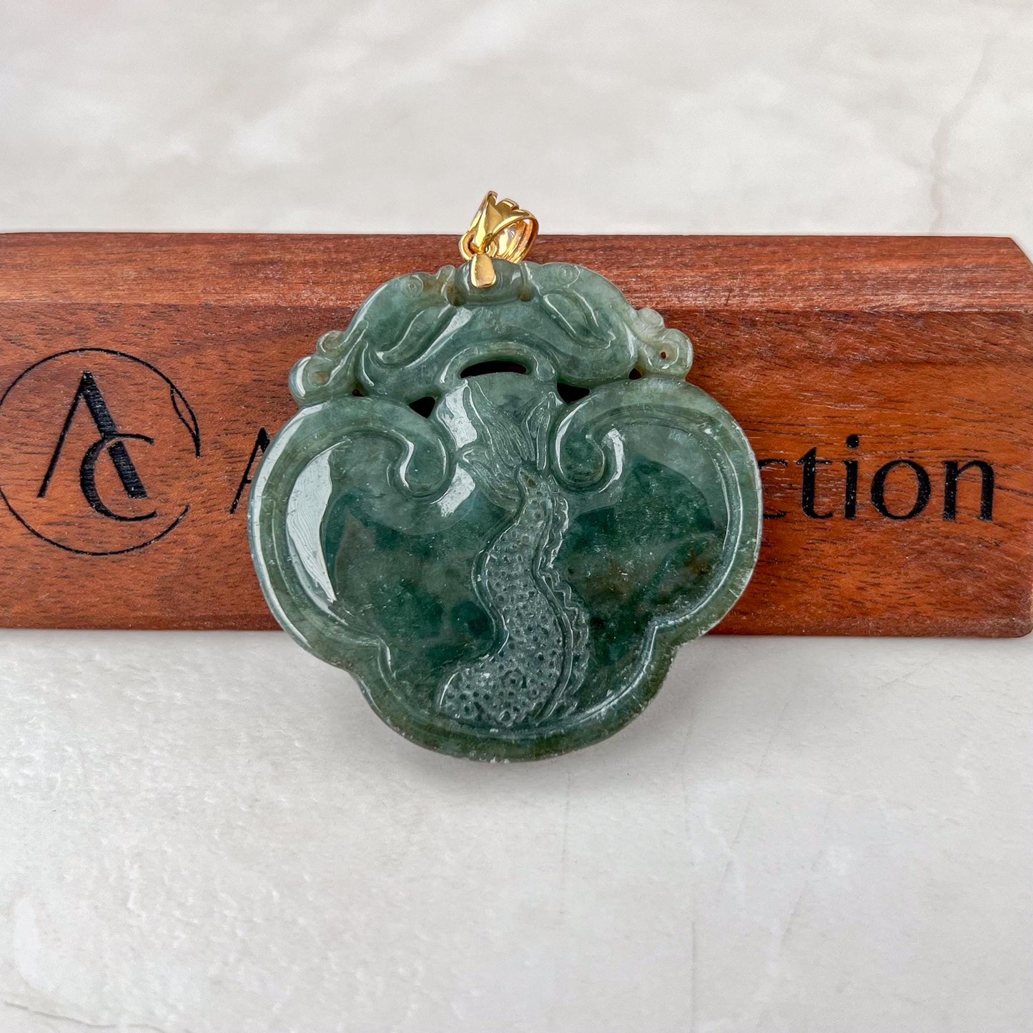 Prosperity Ruyi Dragon Pendant Jade Pendant, Jadeite Jade 如意 Hand Carved Pendant with 18K Gold, YO-0424-1736723308
