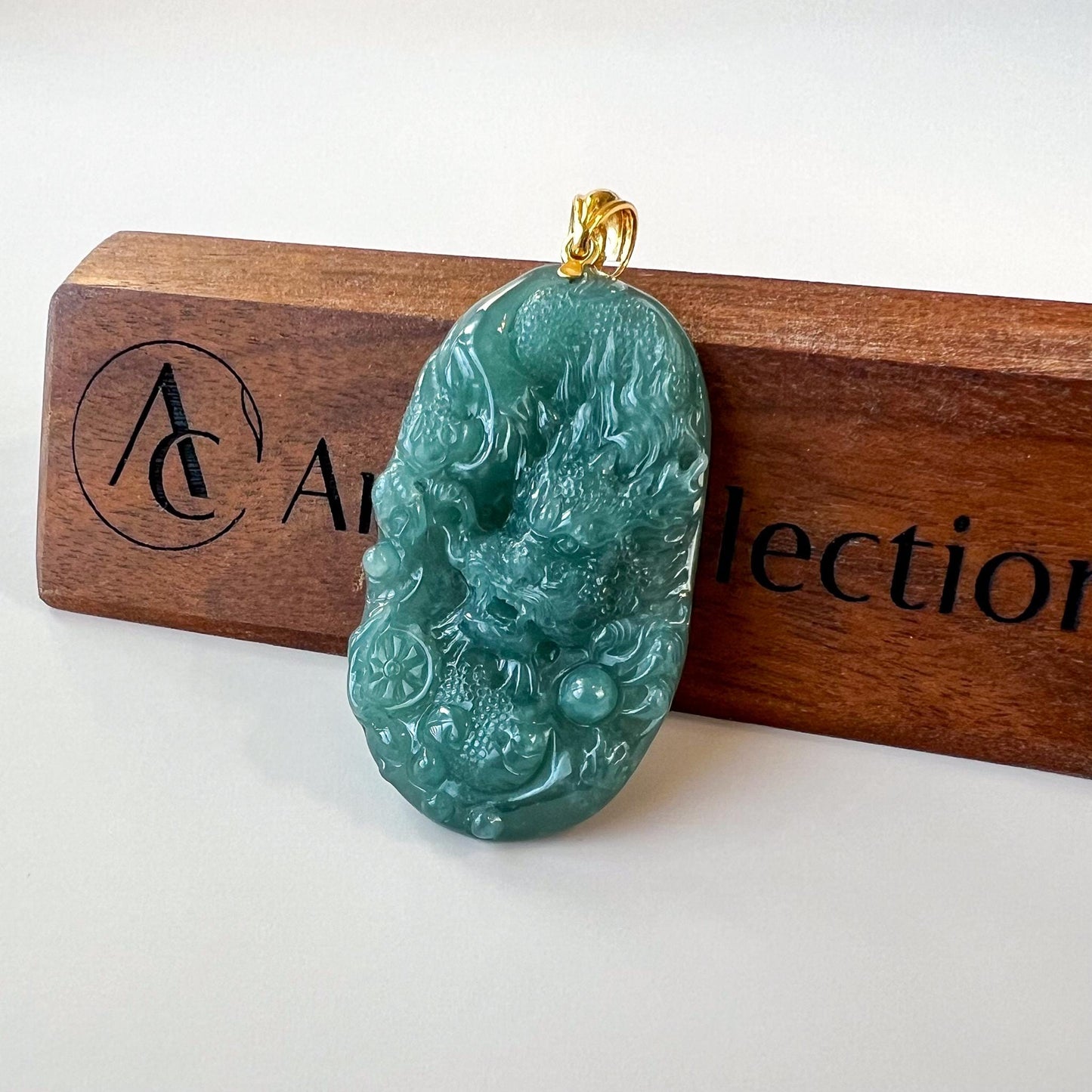 Dragon's Fury Jade Pendant, Jadeite Jade Dragon Hand Carved Pendant with 18K Gold, ZF-0124-1735839418