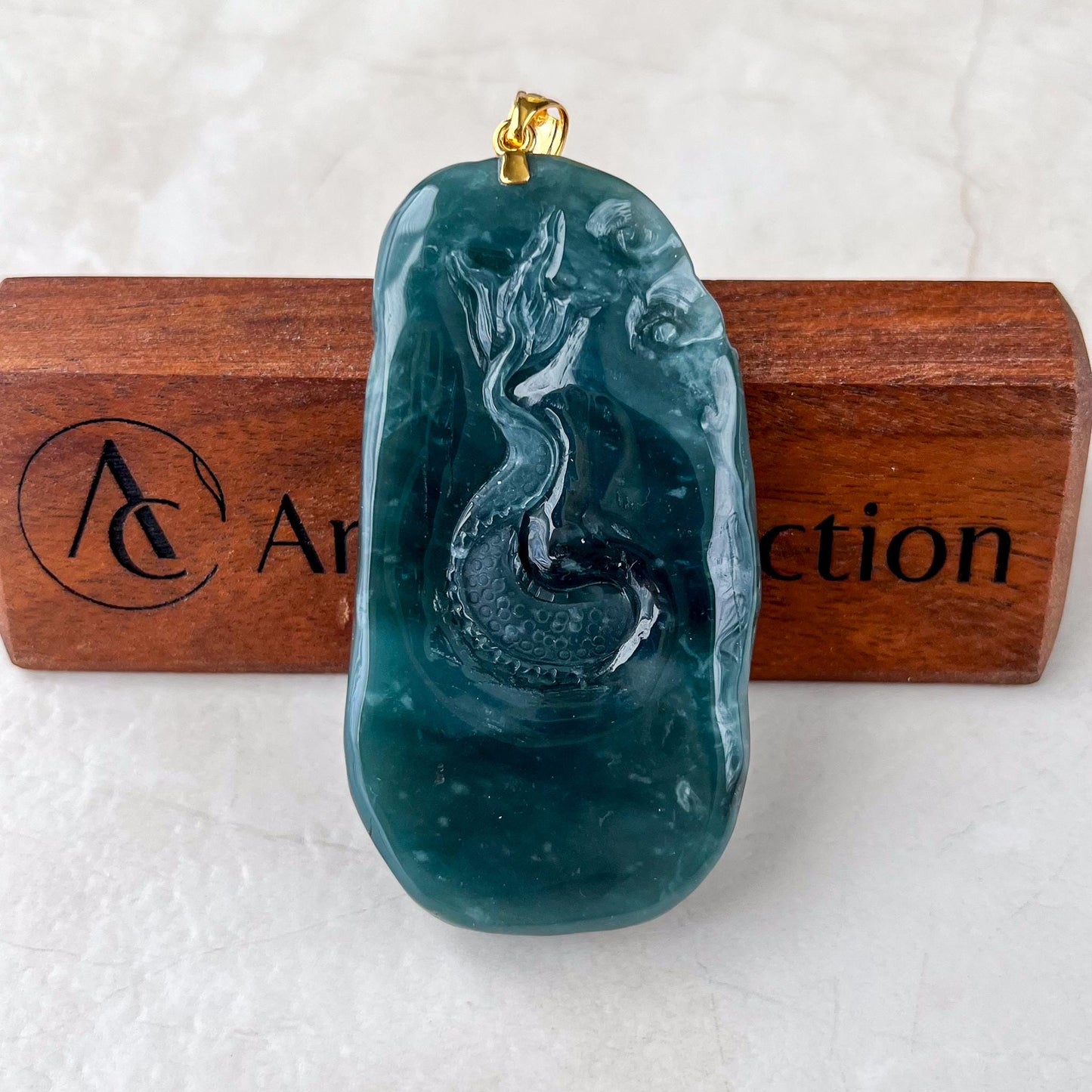 Stormborn Dragon Jade Pendant, Jadeite Jade Dragon Hand Carved Pendant with 18K Gold, SC-0224-1736634770