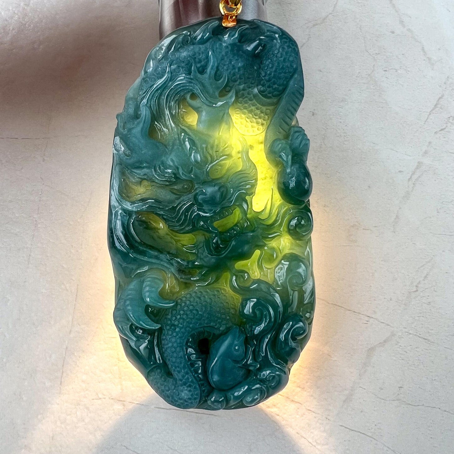 Stormborn Dragon Jade Pendant, Jadeite Jade Dragon Hand Carved Pendant with 18K Gold, SC-0224-1736634770