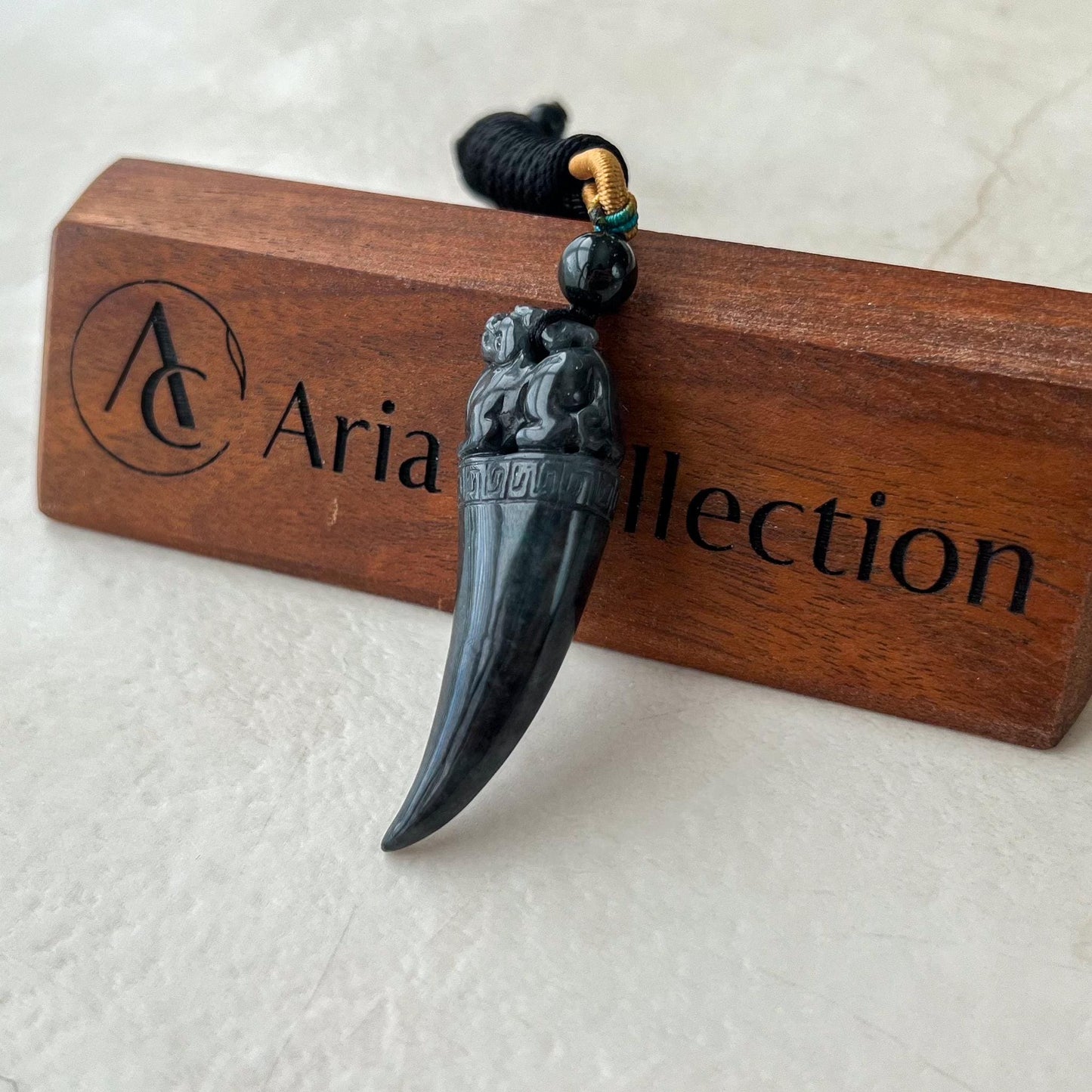 Black Jade Dragon Tooth with Pi Xiu, Black Jadeite Jade Hand Carved Pendant, Pixiu, 貔貅, WMC-0323-0001228