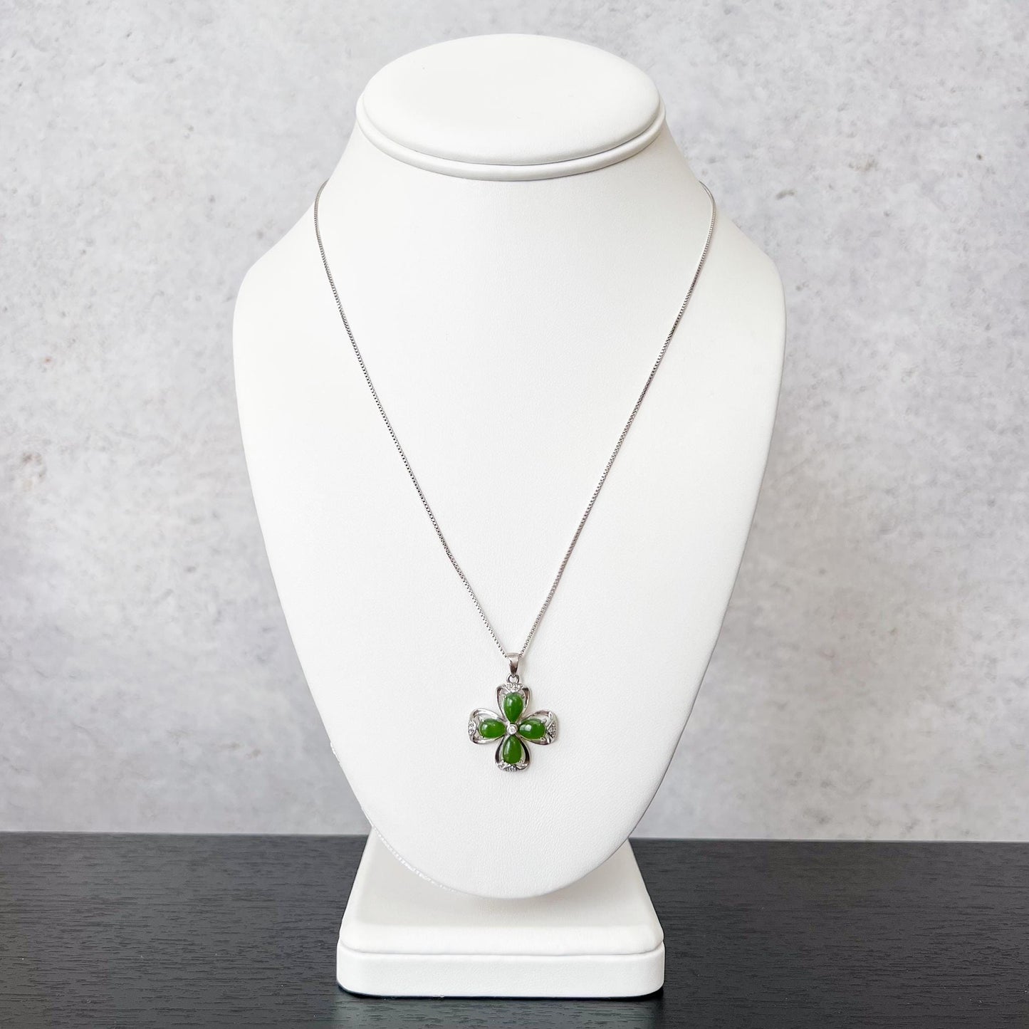 Jade Clover Charm, Style 2, Green Nephrite Jade Sterling Silver Pendant Necklace, JSY-1224-10296