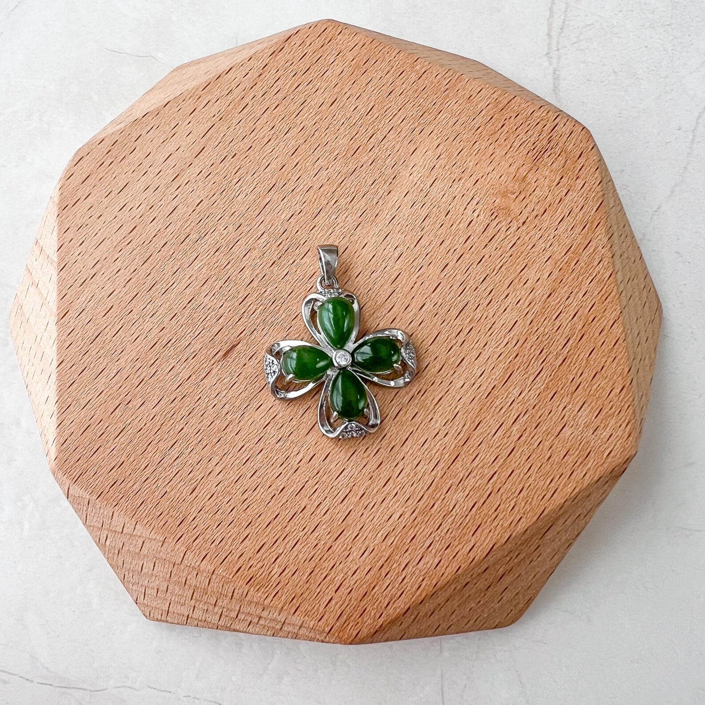 Jade Clover Charm, Style 2, Green Nephrite Jade Sterling Silver Pendant Necklace, JSY-1224-10296
