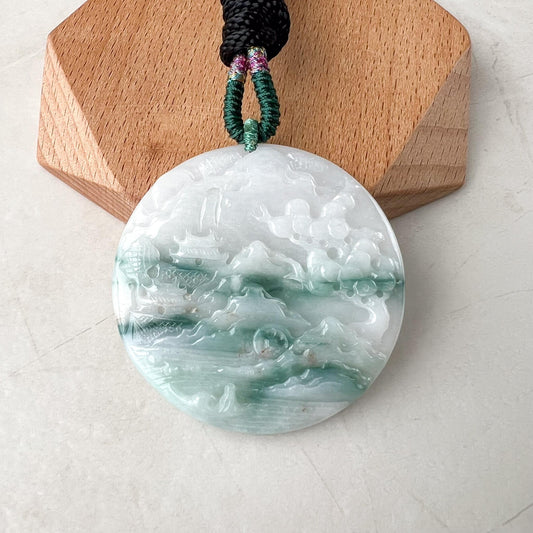 Jadeite Jade Landscape Mountain Forest River Scenery Hand Carved Pendant Necklace, YJ-0622-0395650