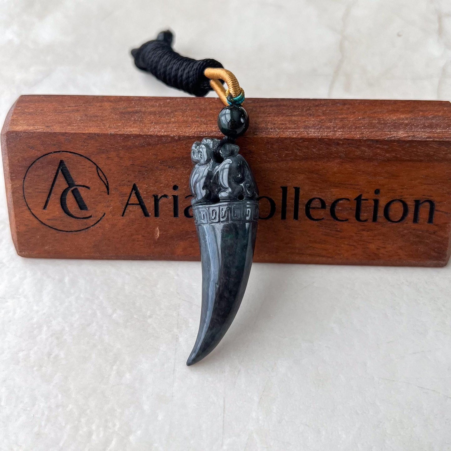 Black Jade Dragon Tooth with Pi Xiu, Black Jadeite Jade Hand Carved Pendant, Pixiu, 貔貅, WMC-0323-0001228