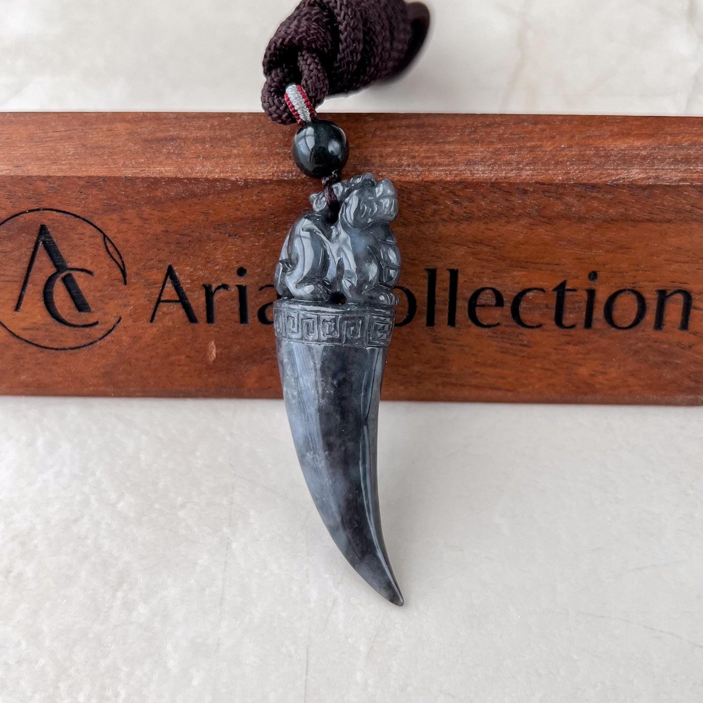Black Jade Dragon Tooth with Pi Xiu, Black Jadeite Jade Hand Carved Pendant, Pixiu, 貔貅, WMC-0323-0001227