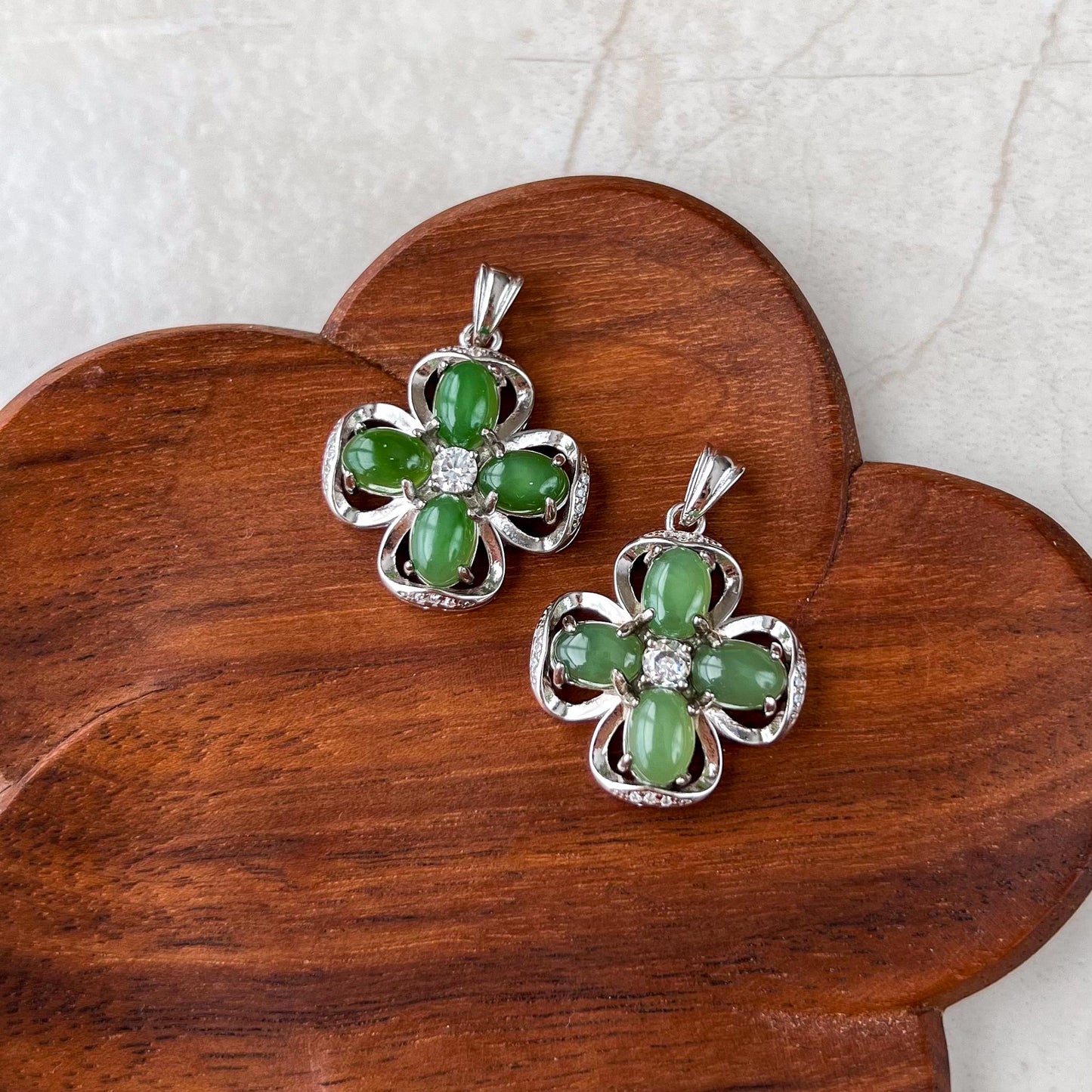 Jade Clover Charm, Style 1, Green Nephrite Jade Sterling Silver Pendant Necklace, JSY-1224-10301