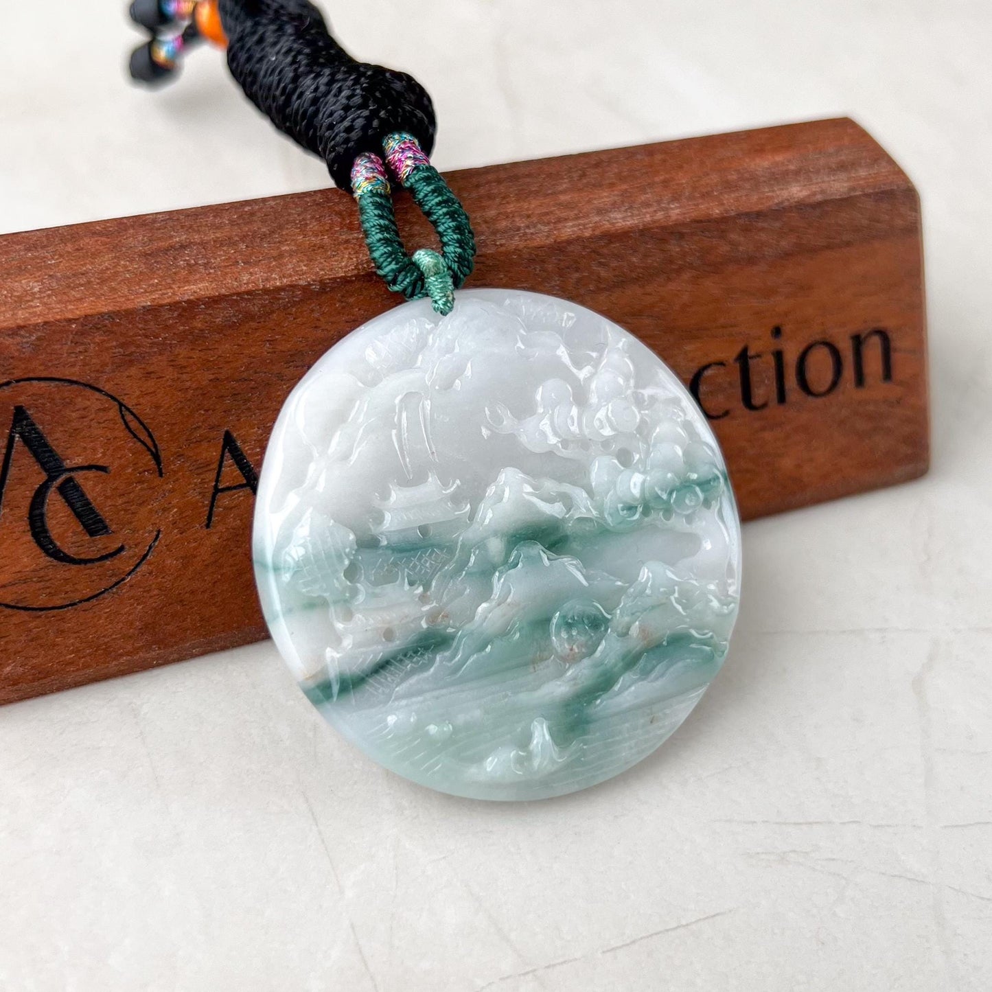 Jadeite Jade Landscape Mountain Forest River Scenery Hand Carved Pendant Necklace, YJ-0622-0395650