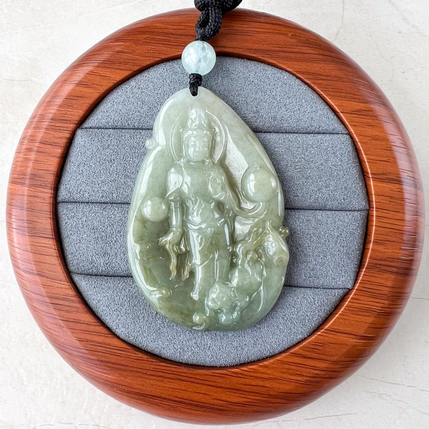 Divine Protector: Guan Yin with Tigers Green Jadeite Jade Guan Yin Avalokiteshvara Hand Carved Pendant Necklace, YJ-0522-0395542