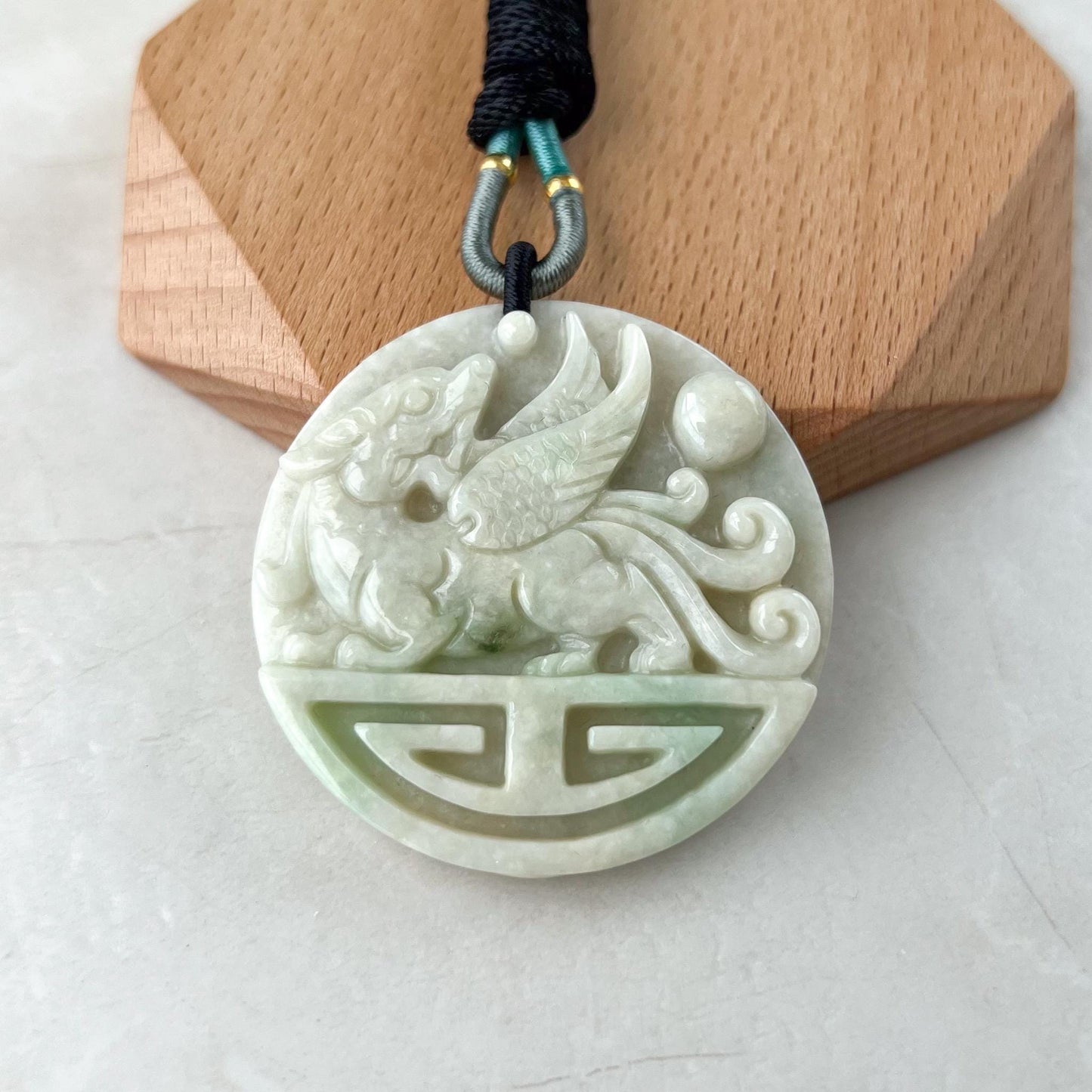 Guardian of Wealth & Fortune, Light Green Pixiu Pendant , 貔貅, Winged Pi Xiu, Chinese Carved Pendant, YJ-0322-0345722