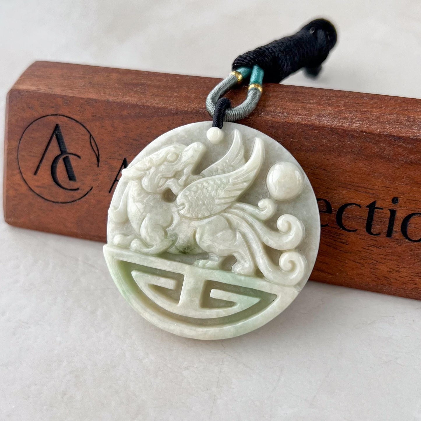 Guardian of Wealth & Fortune, Light Green Pixiu Pendant , 貔貅, Winged Pi Xiu, Chinese Carved Pendant, YJ-0322-0345722