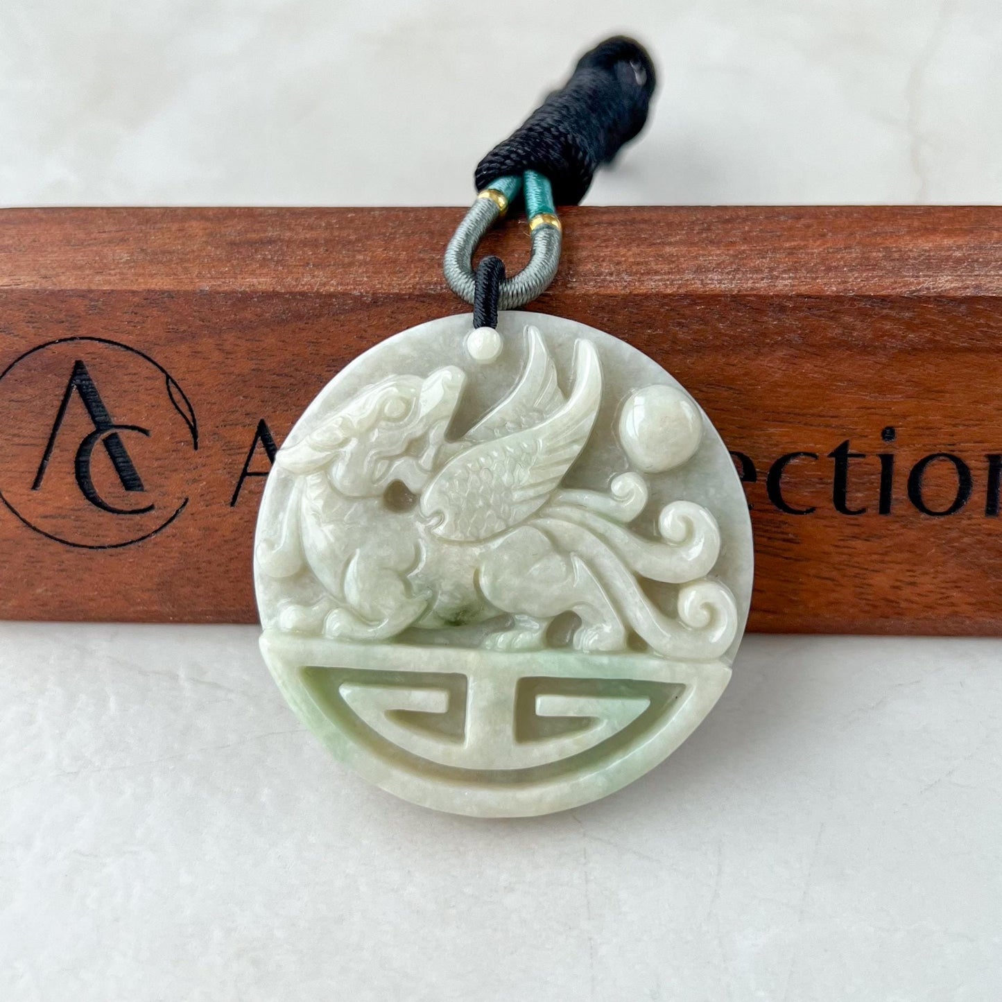 Guardian of Wealth & Fortune, Light Green Pixiu Pendant , 貔貅, Winged Pi Xiu, Chinese Carved Pendant, YJ-0322-0345722