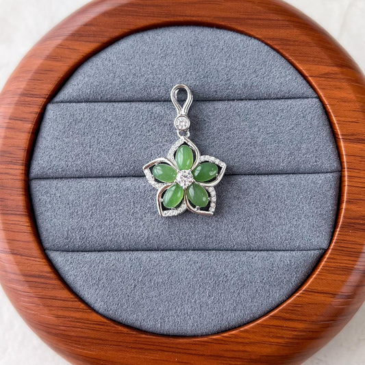 Green Flower Jade Pendant, Nephrite Jade Sterling Silver Pendant Necklace, JSY-1224-10299