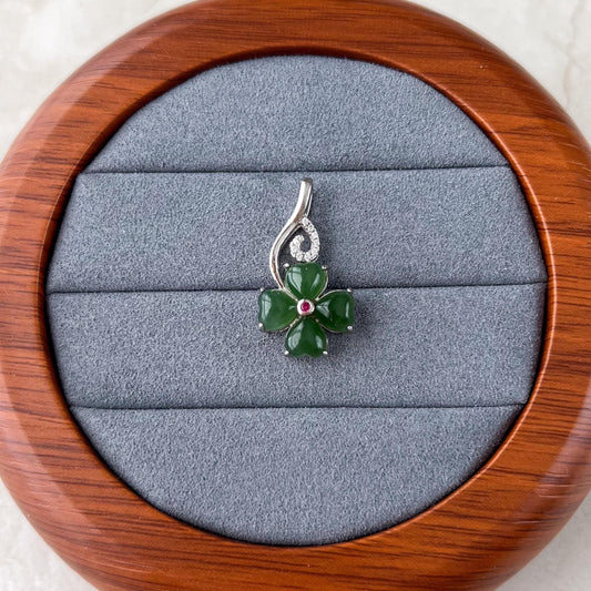 Jade Clover Charm, Style 3, Green Nephrite Jade Sterling Silver Pendant Necklace, JSY-1224-10317