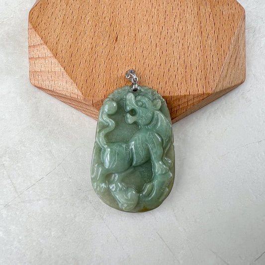 Guardian Tiger Jade Pendant with Sterling Silver Bail, Jadeite Jade Tiger Chinese Zodiac Carved Pendant Necklace, NVN-0424-1748141529