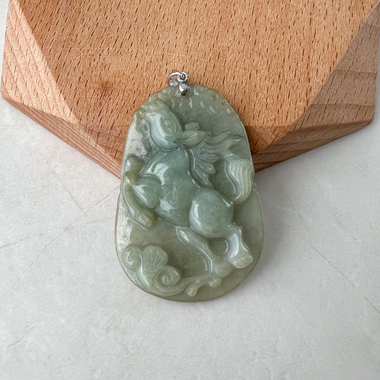 Windstride Horse Jade Pendant with 925 Sterling Silver Bail, Jadeite Jade Animal Zodiac Carved Pendant, NVN-0424-1748143089