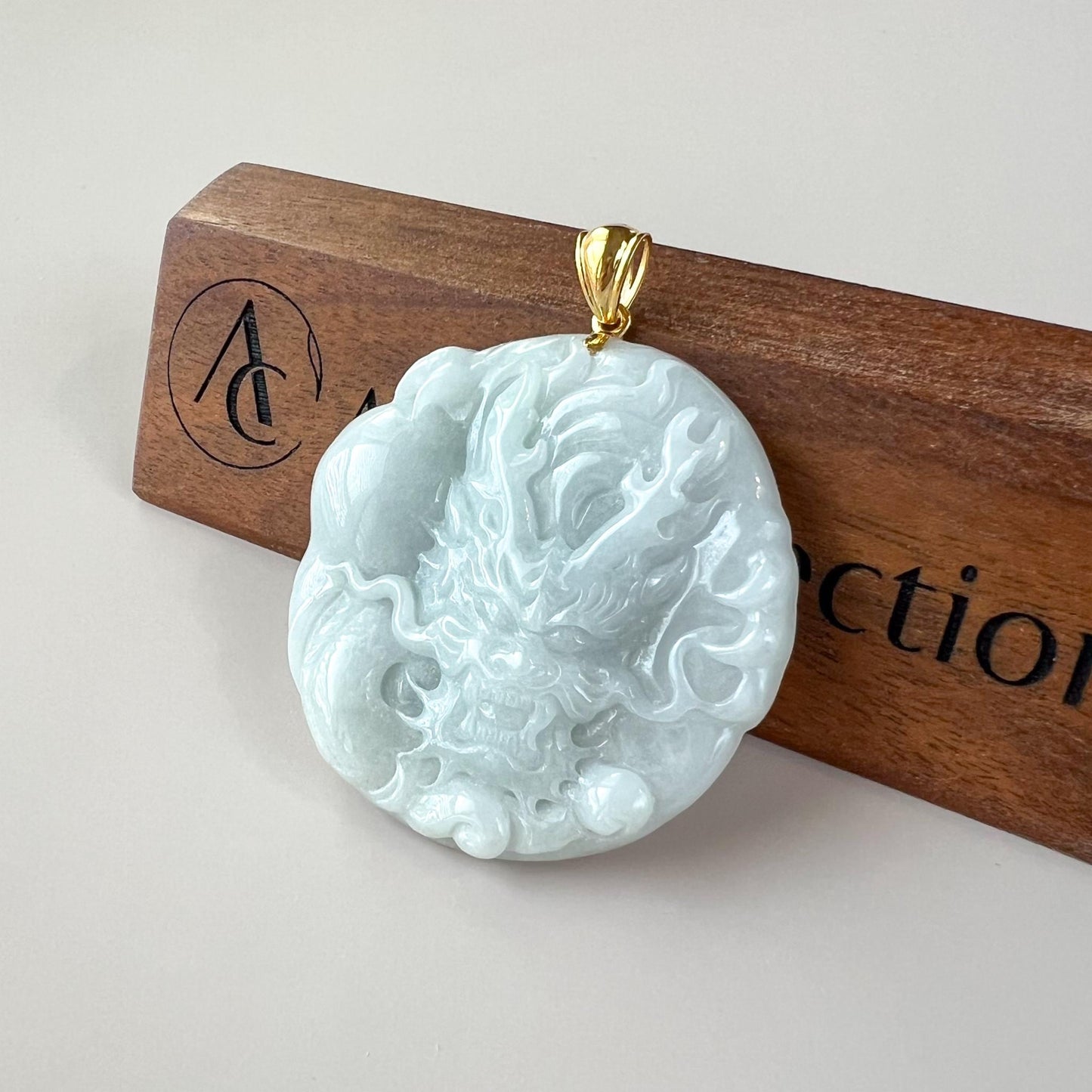 Jadeite Jade Dragon Chinese Zodiac Hand Carved Pendant 18K Gold Bail, BH-0824-1750262766
